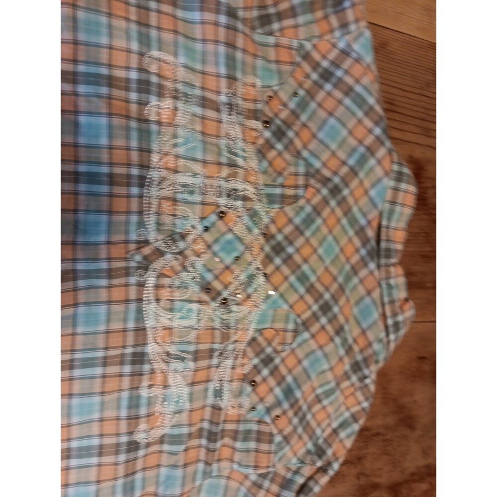 Wrangler Rock 47 Womens L Shirt Plaid Rhinestone Snap Front Embroidered Cotton - Picture 8 of 9